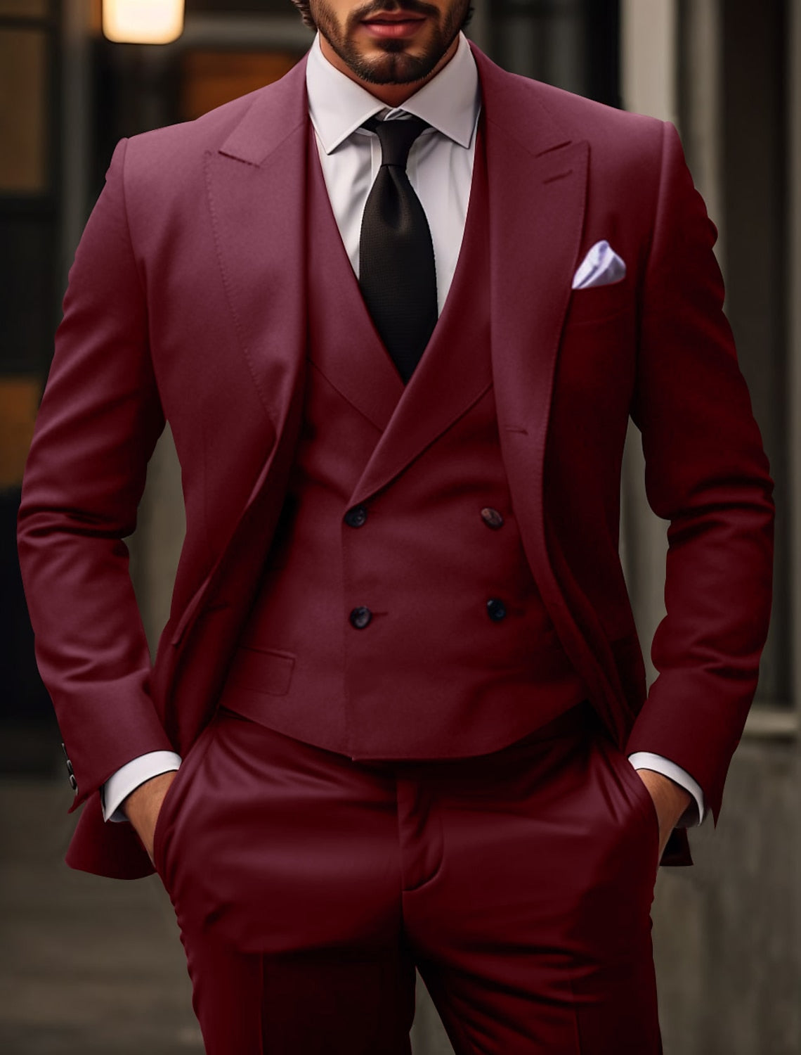 Men's Tailored Fit Single Breasted Two-buttons 3 Pieces Solid Colored Wedding Suits Burgundy