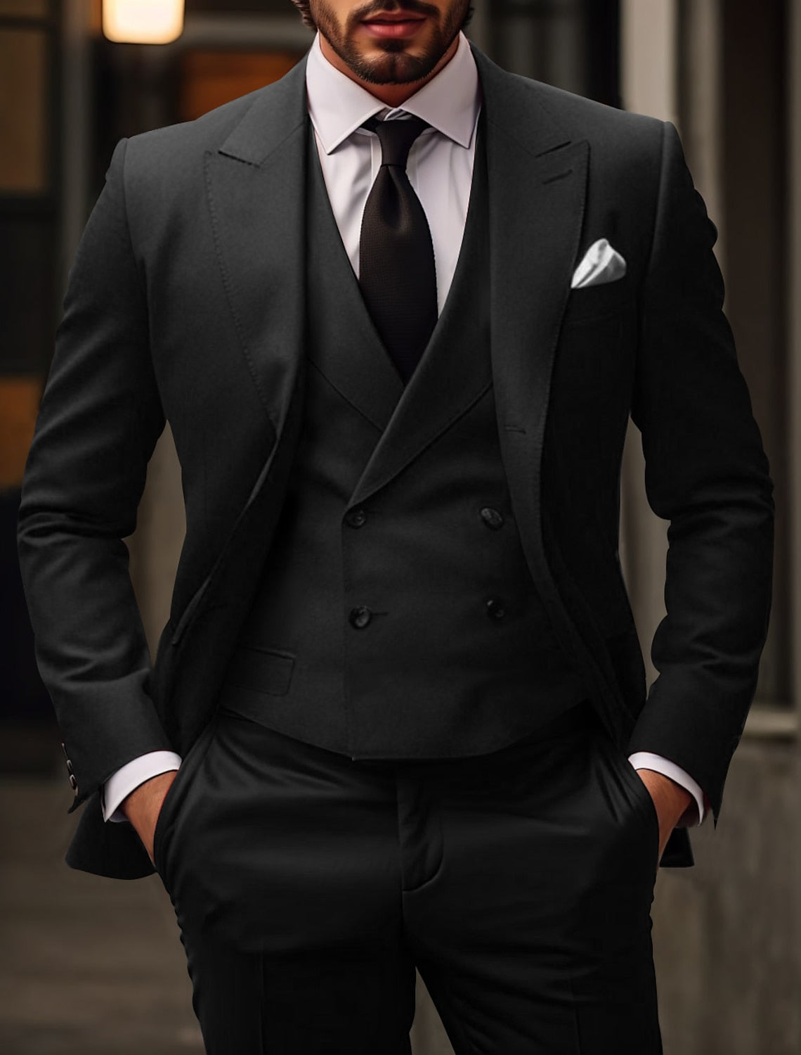 Men's Tailored Fit Single Breasted Two-buttons 3 Pieces Solid Colored Wedding Suits Black