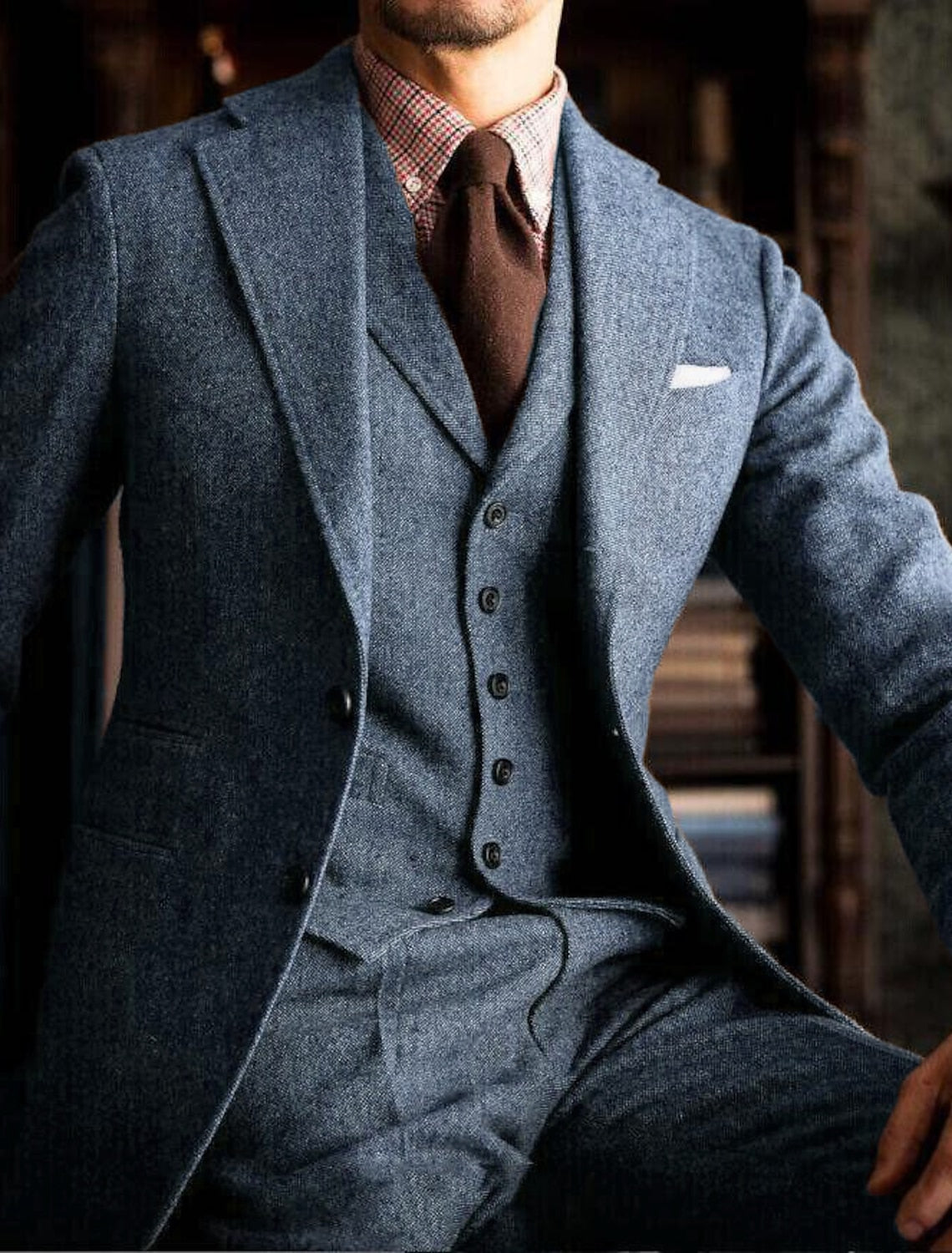Men's Tailored Fit Single Breasted Two-buttons 3 Pieces Solid Colored Wedding Tweed Suits Navy Blue