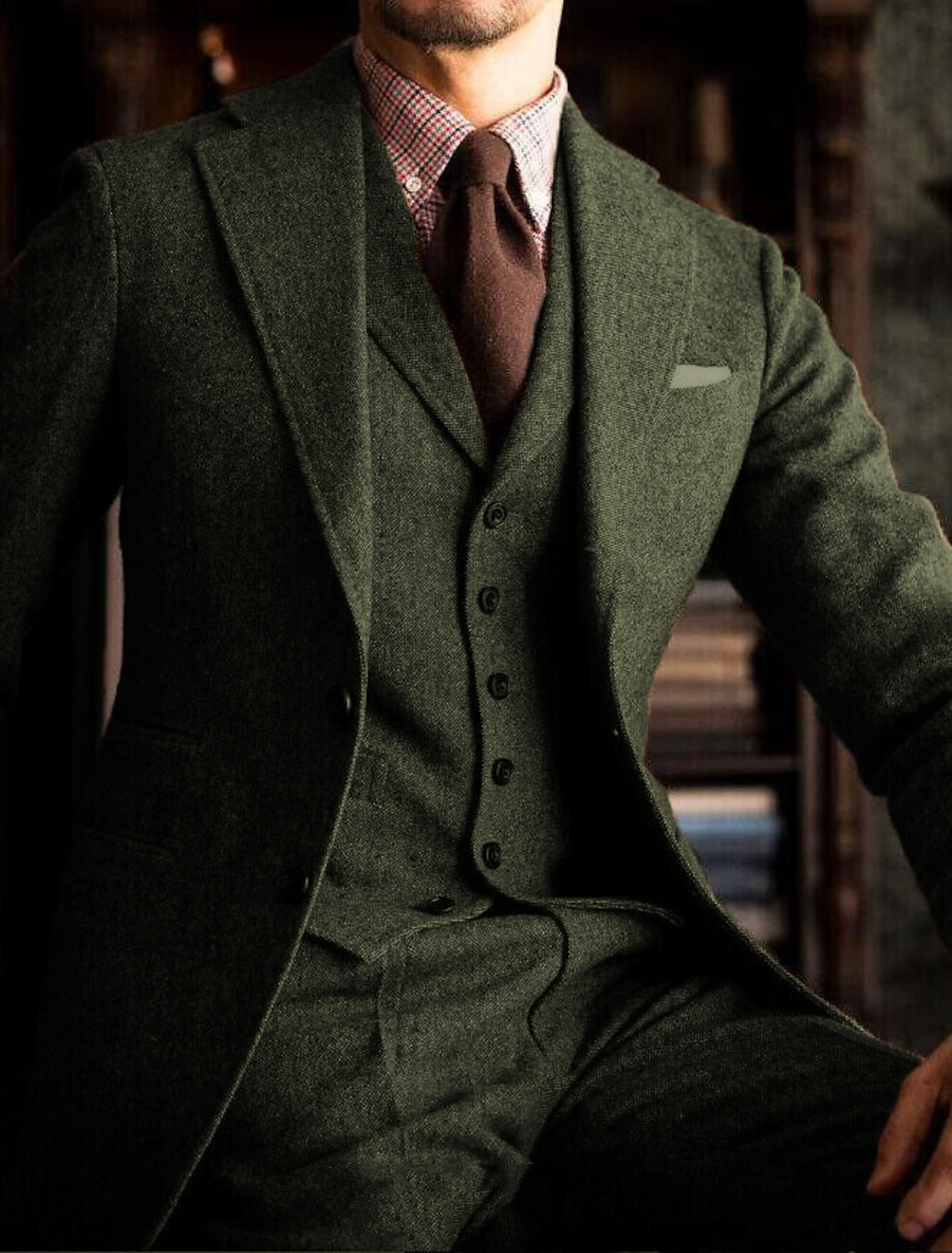 Men's Tailored Fit Single Breasted Two-buttons 3 Pieces Solid Colored Wedding Tweed Suits Dark Green