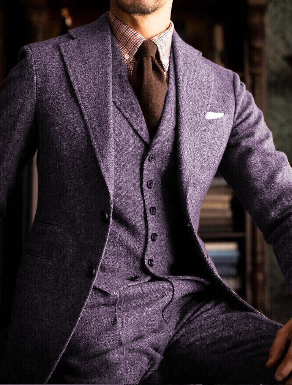Men's Tailored Fit Single Breasted Two-buttons 3 Pieces Solid Colored Wedding Tweed Suits Purple