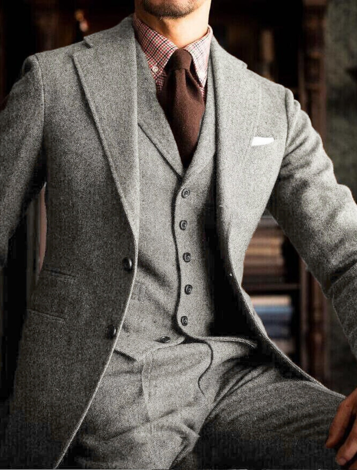 Men's Tailored Fit Single Breasted Two-buttons 3 Pieces Solid Colored Wedding Tweed Suits Light Gray
