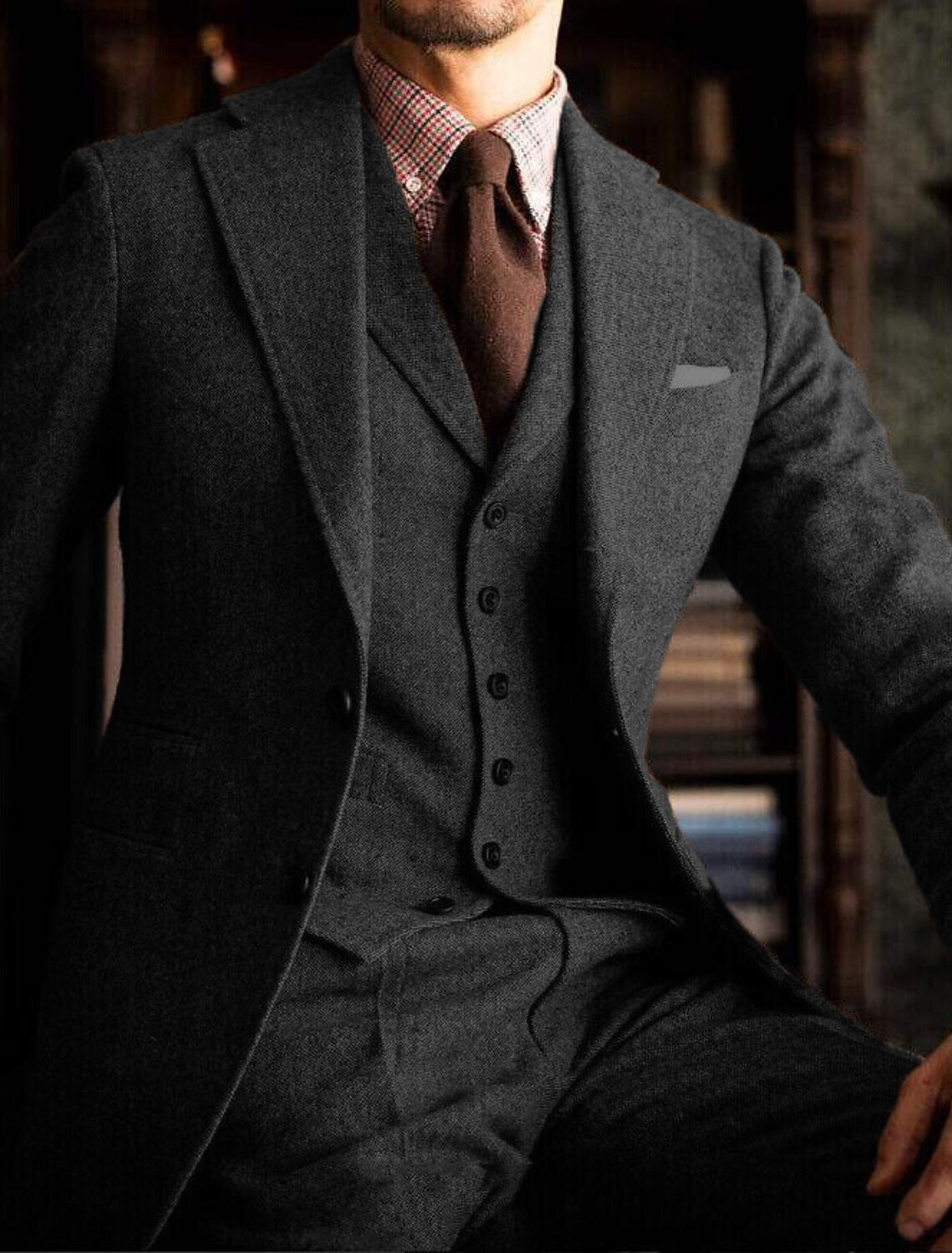 Men's Tailored Fit Single Breasted Two-buttons 3 Pieces Solid Colored Wedding Tweed Suits Black