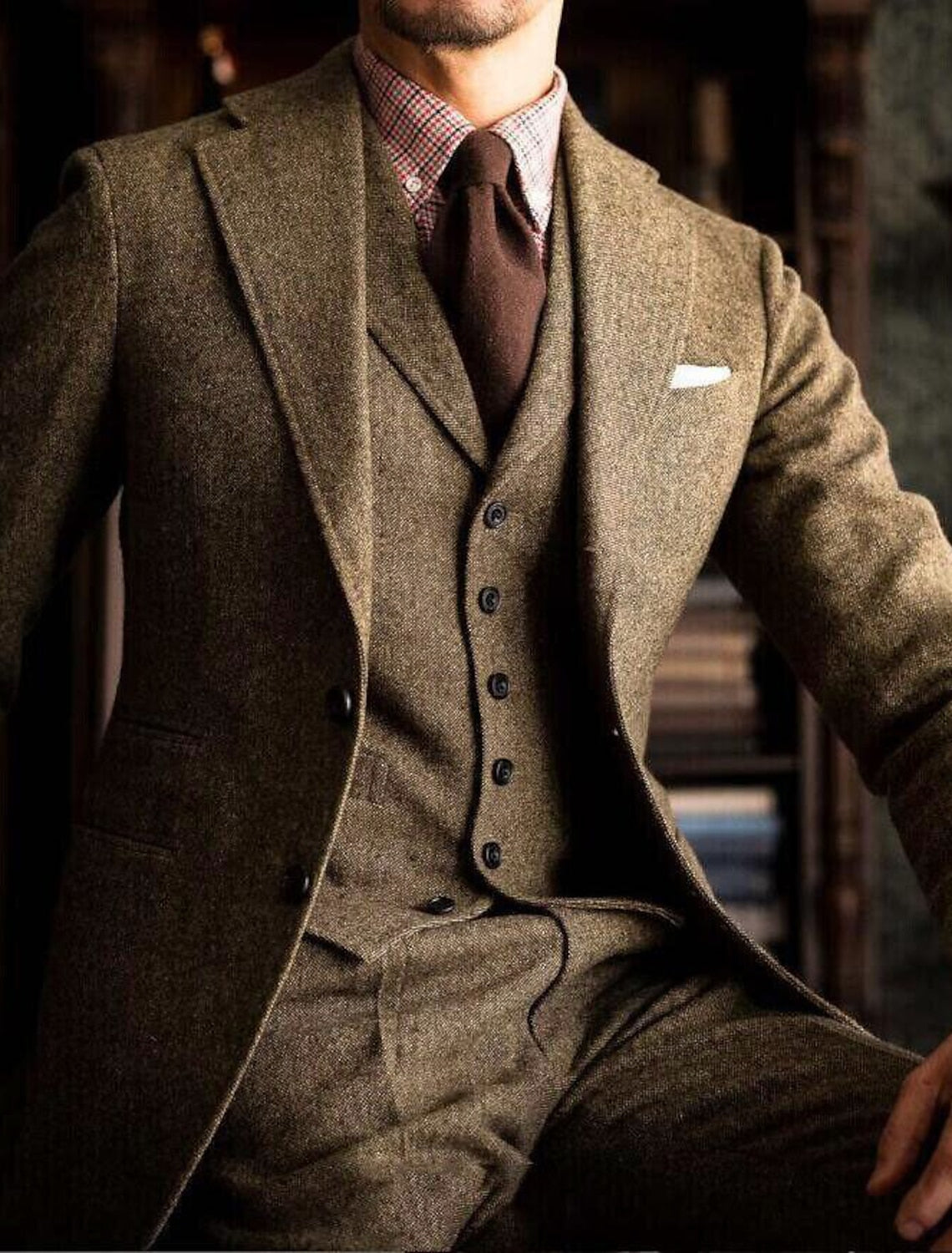 Men's Tailored Fit Single Breasted Two-buttons 3 Pieces Solid Colored Wedding Tweed Suits Khaki