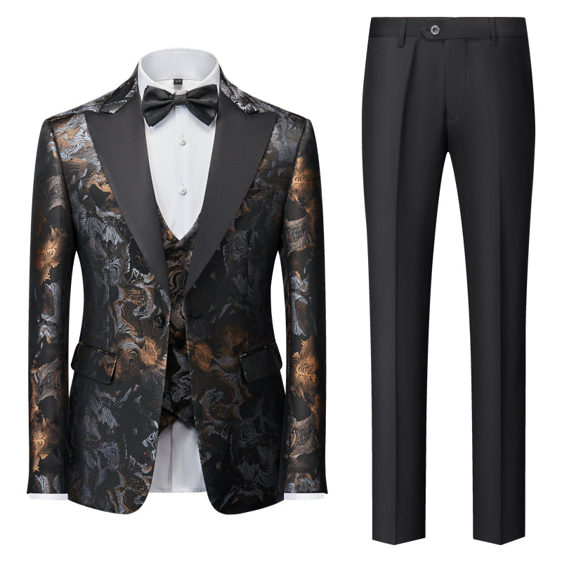 Blue Red Gold Black Men's Tailored Fit Single Breasted One-button 3 Pieces Printed Wedding Suits Gold