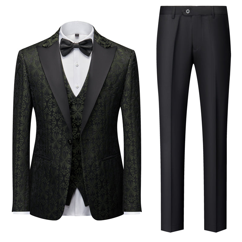Green Gold Silver Black Men's Tailored Fit Single Breasted One-button 3 Pieces Printed Prom Party Suits Dark Green