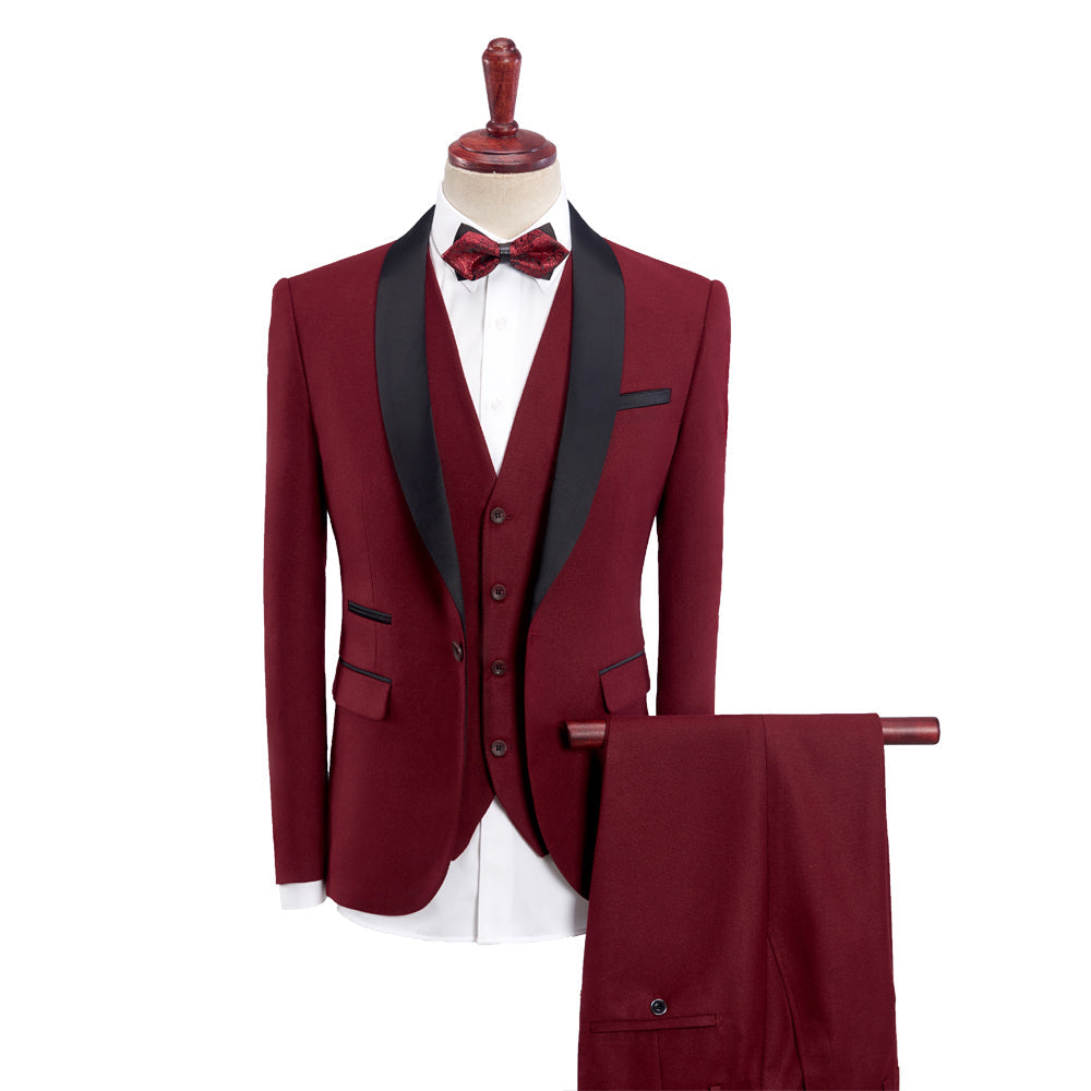 Khaki Burgundy Blue Gray Black Men's Tailored Fit Single Breasted One-button 3 Pieces Solid Colored Wedding Suits Burgundy
