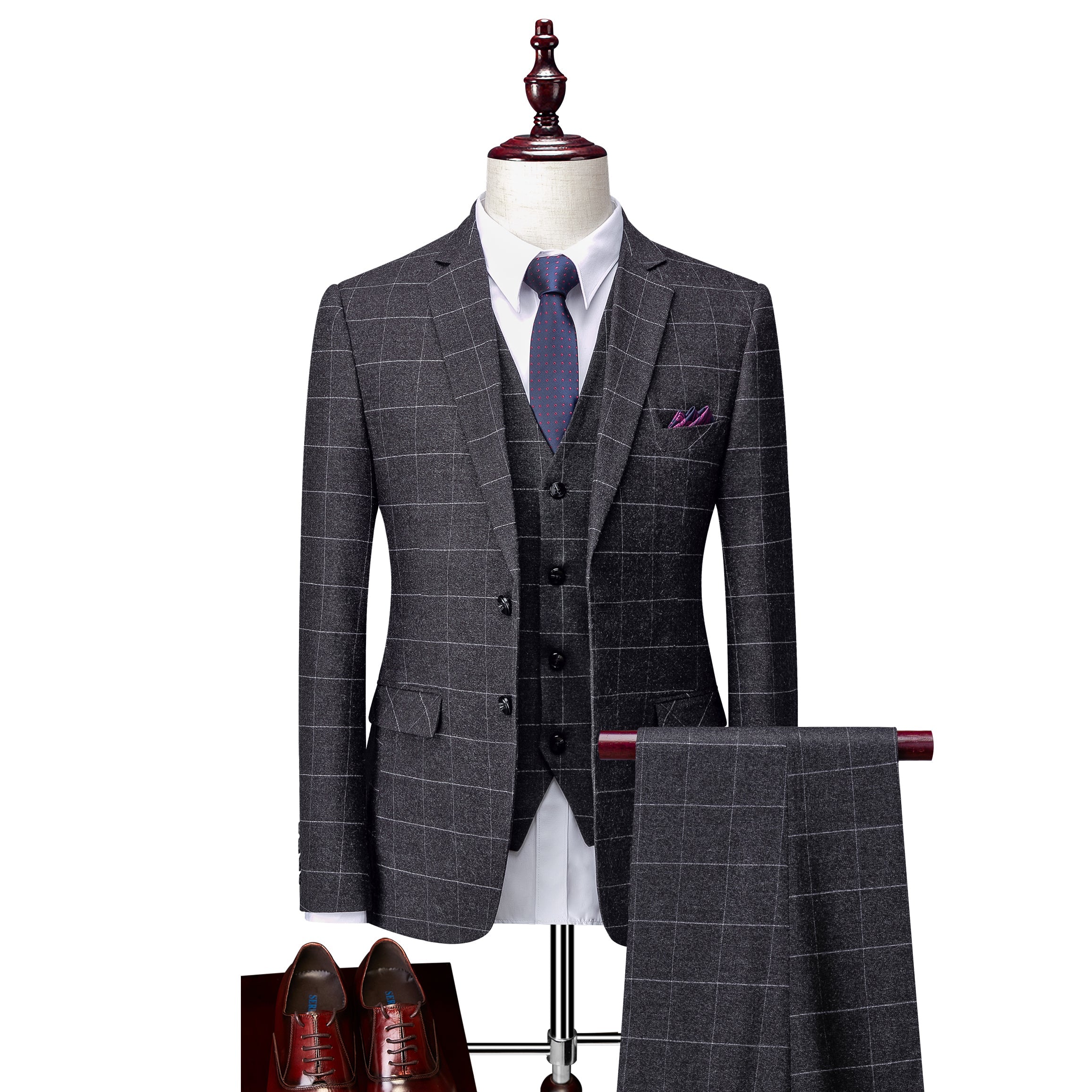 Men's Tailored Fit Single Breasted Two-buttons 3 Pieces Plaid Wedding Suits Default Title
