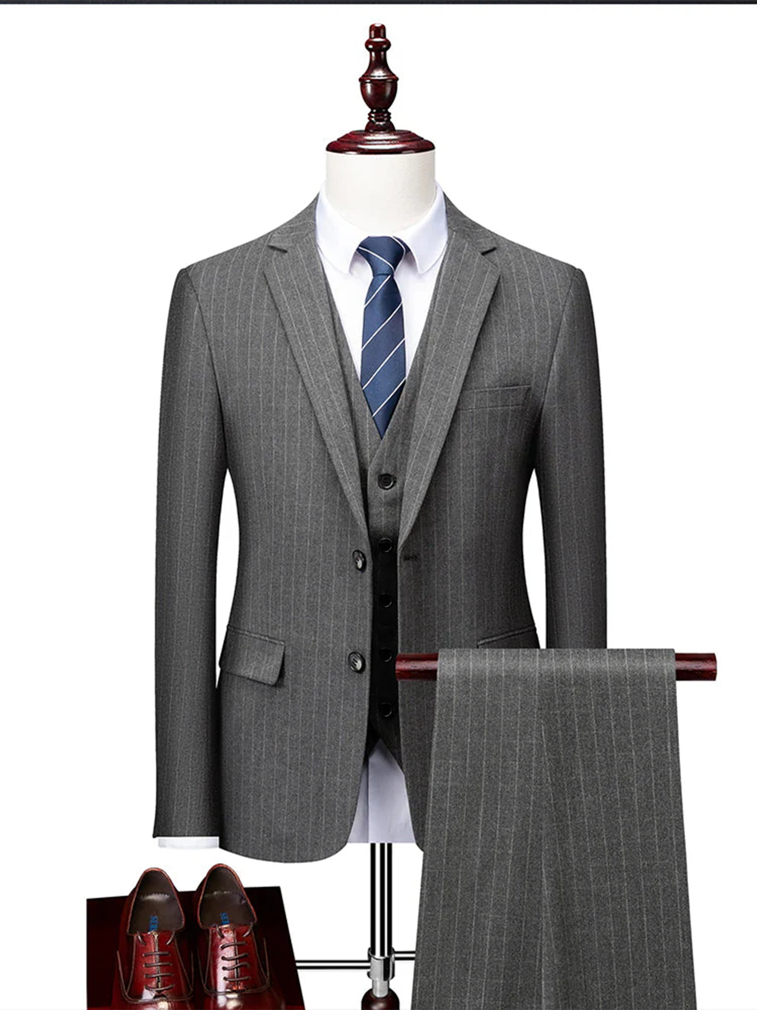 Men's Tailored Fit Single Breasted Two-buttons 3 Pieces Striped Wedding Suits Default Title