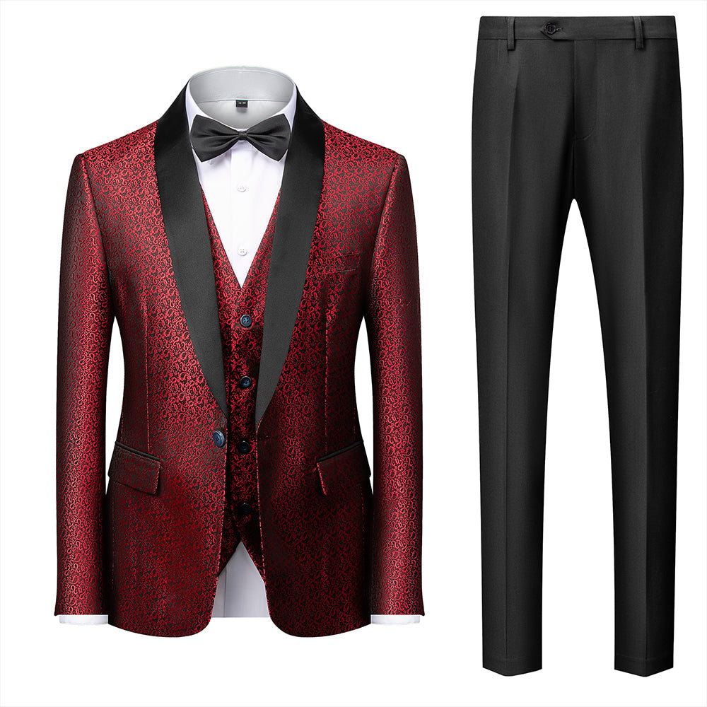 Red Blue Black White Men's Tailored Fit Single Breasted One-button 3 Pieces Printed Prom Party Suits Burgundy