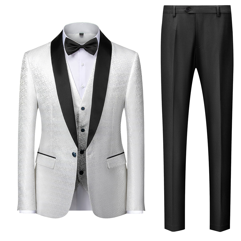 Red Blue Black White Men's Tailored Fit Single Breasted One-button 3 Pieces Printed Prom Party Suits White