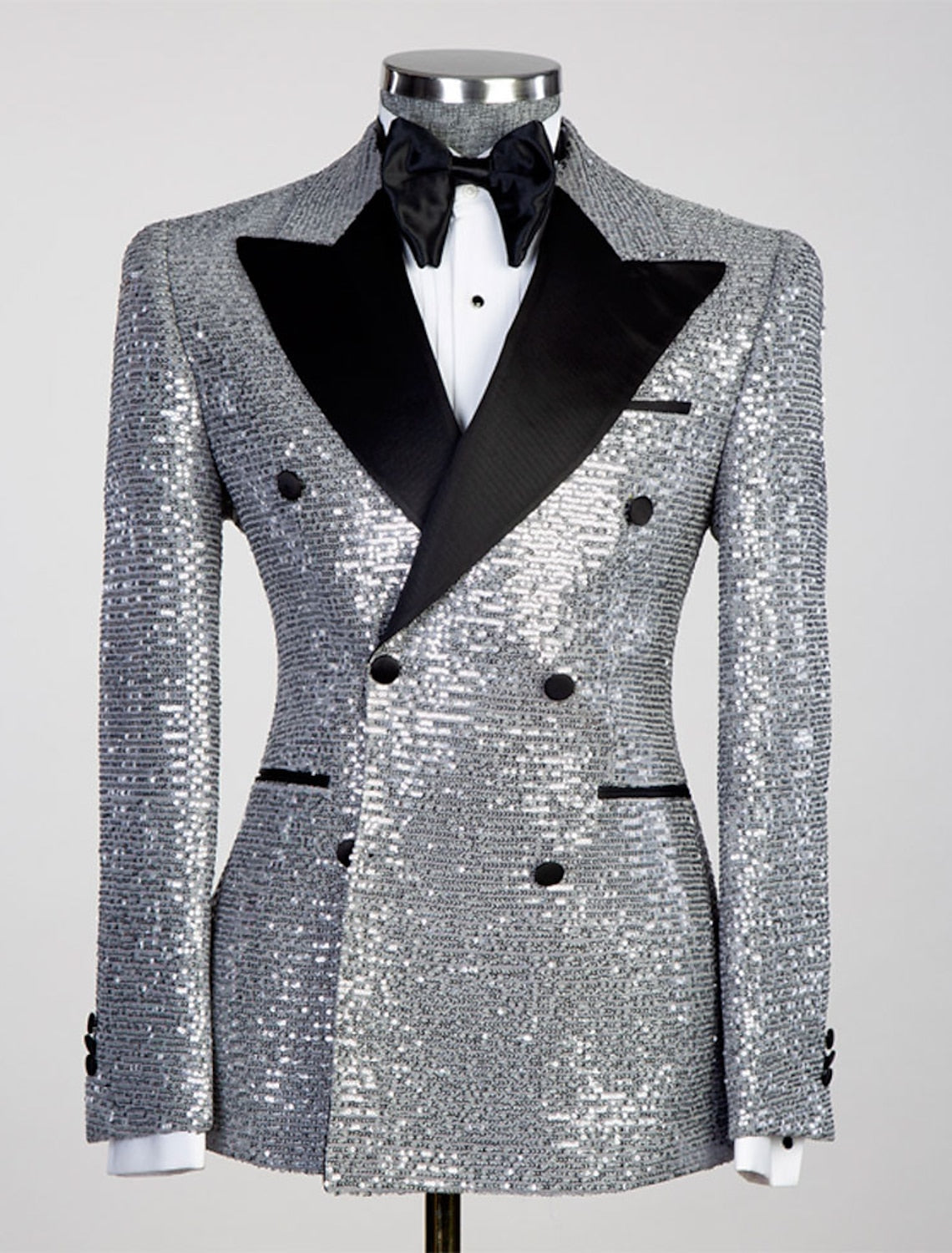 Gold Pink Orange Silver Black Men's Tailored Fit Double Breasted Six-buttons Sequins Party Jacket Silver