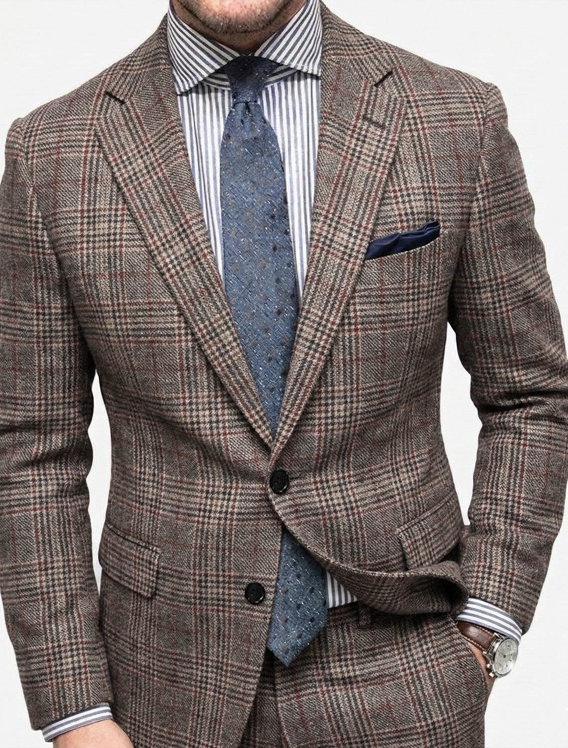Gray Men's Tailored Fit Single Breasted Two-buttons Plaid Casual Jacket Light Gray