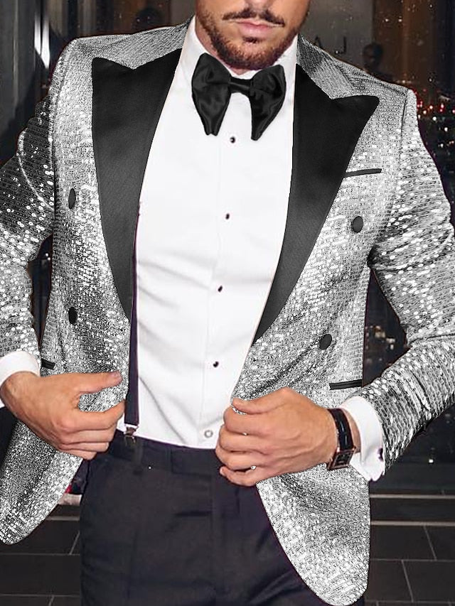 Men's Tailored Fit Double Breasted Six-buttons Sequins Blazer Jacket Silver
