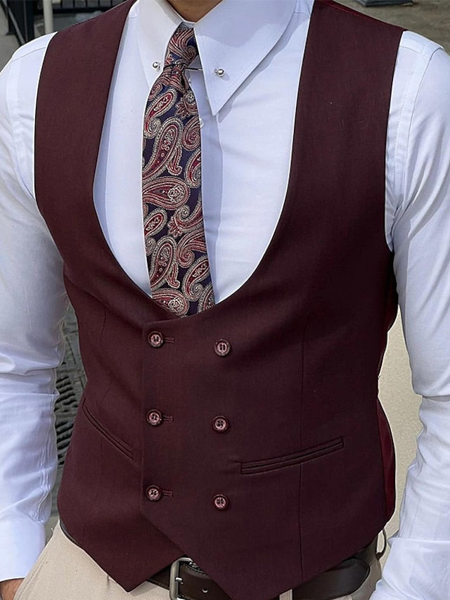 Men's Business Double Breasted Six-buttons Vest Dark Red