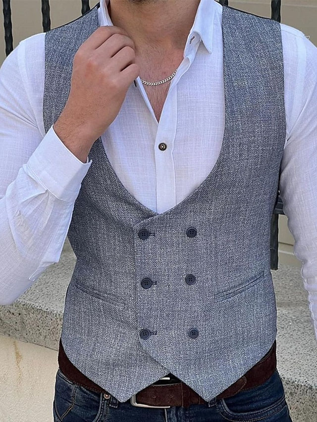 Men's Business Double Breasted Six-buttons Vest Gray