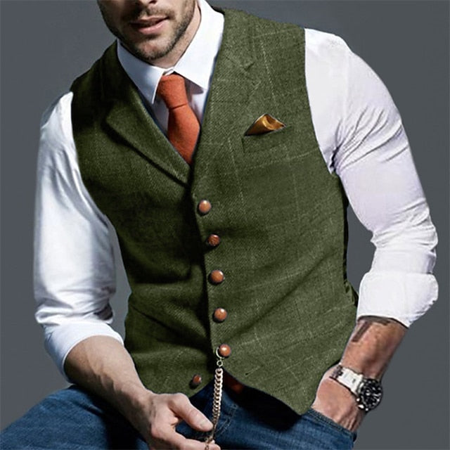 Men's Fashion Single Breasted More-buttons Vest Deep Green