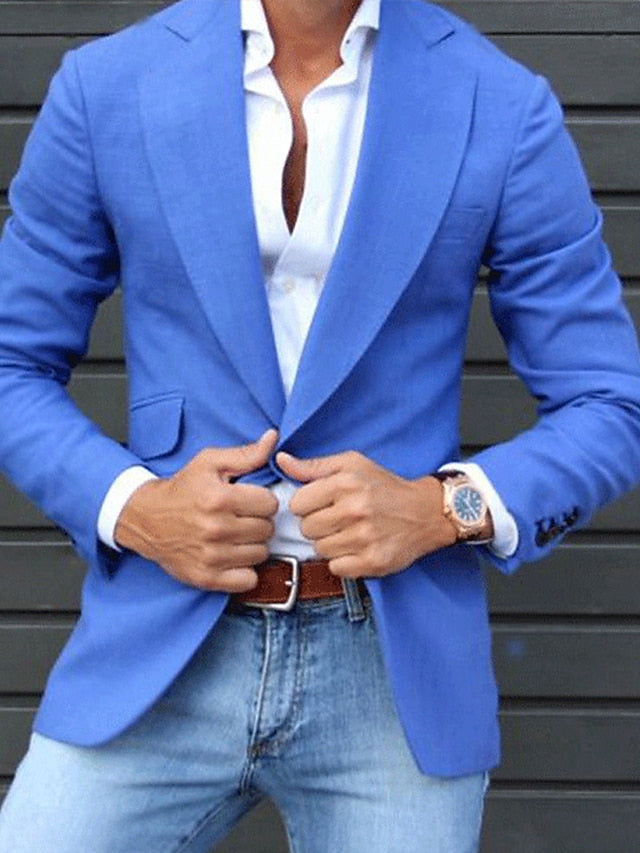 Men's Fashion Tailored Fit Single Breasted One-button Casual Blazer Jacket Blue