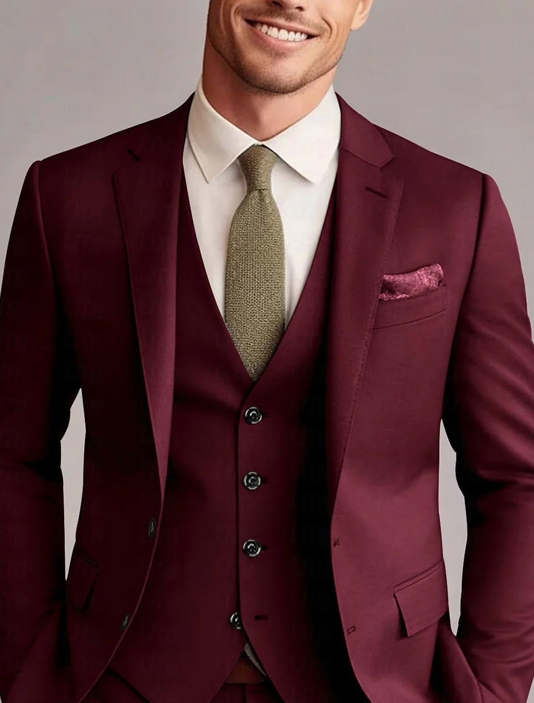 Green Red Blue Yellow Men's Tailored 3 Pieces Solid Colored Fit Single Breasted Two-buttons Wedding Suits Burgundy