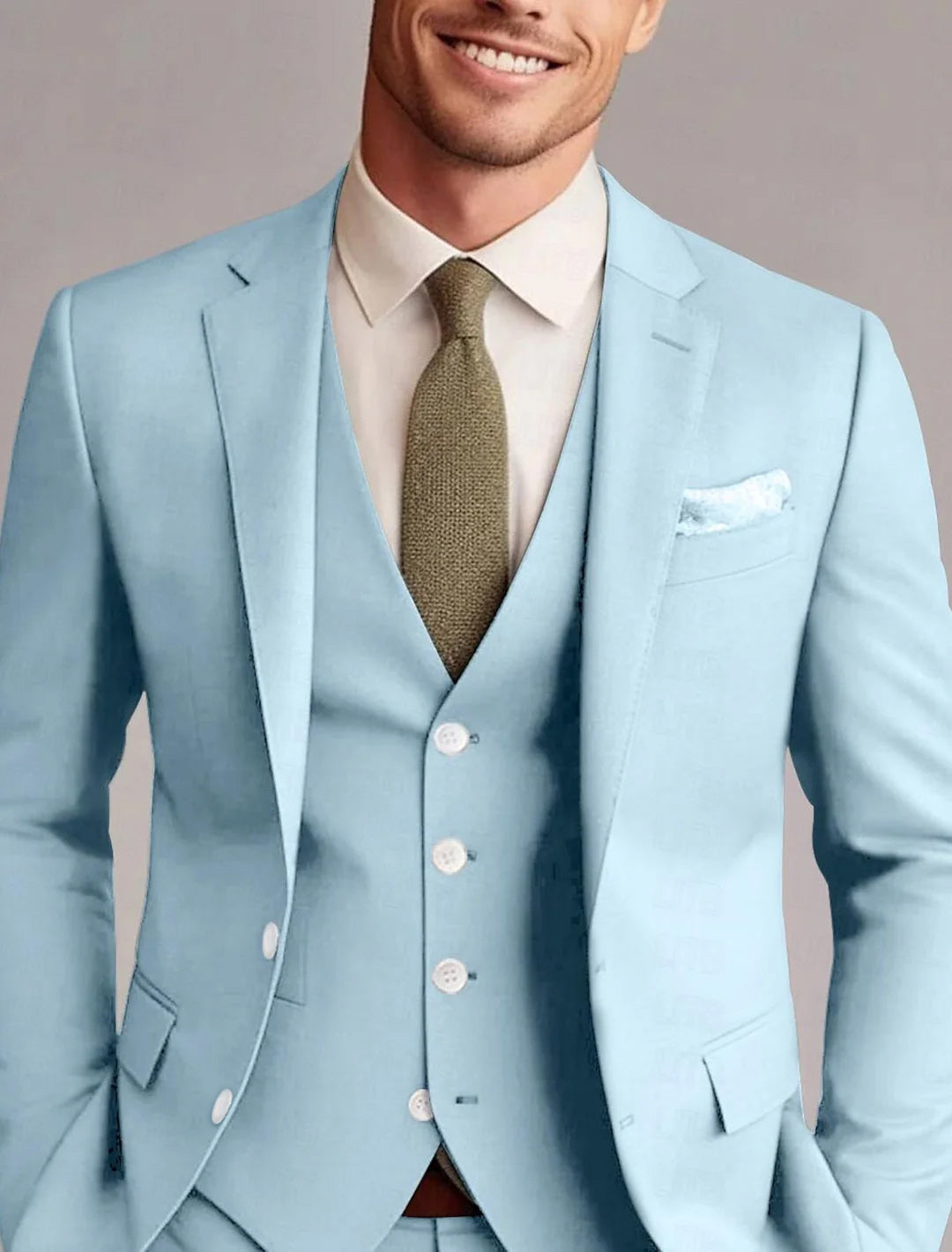 Green Red Blue Yellow Men's Tailored 3 Pieces Solid Colored Fit Single Breasted Two-buttons Wedding Suits Light Blue