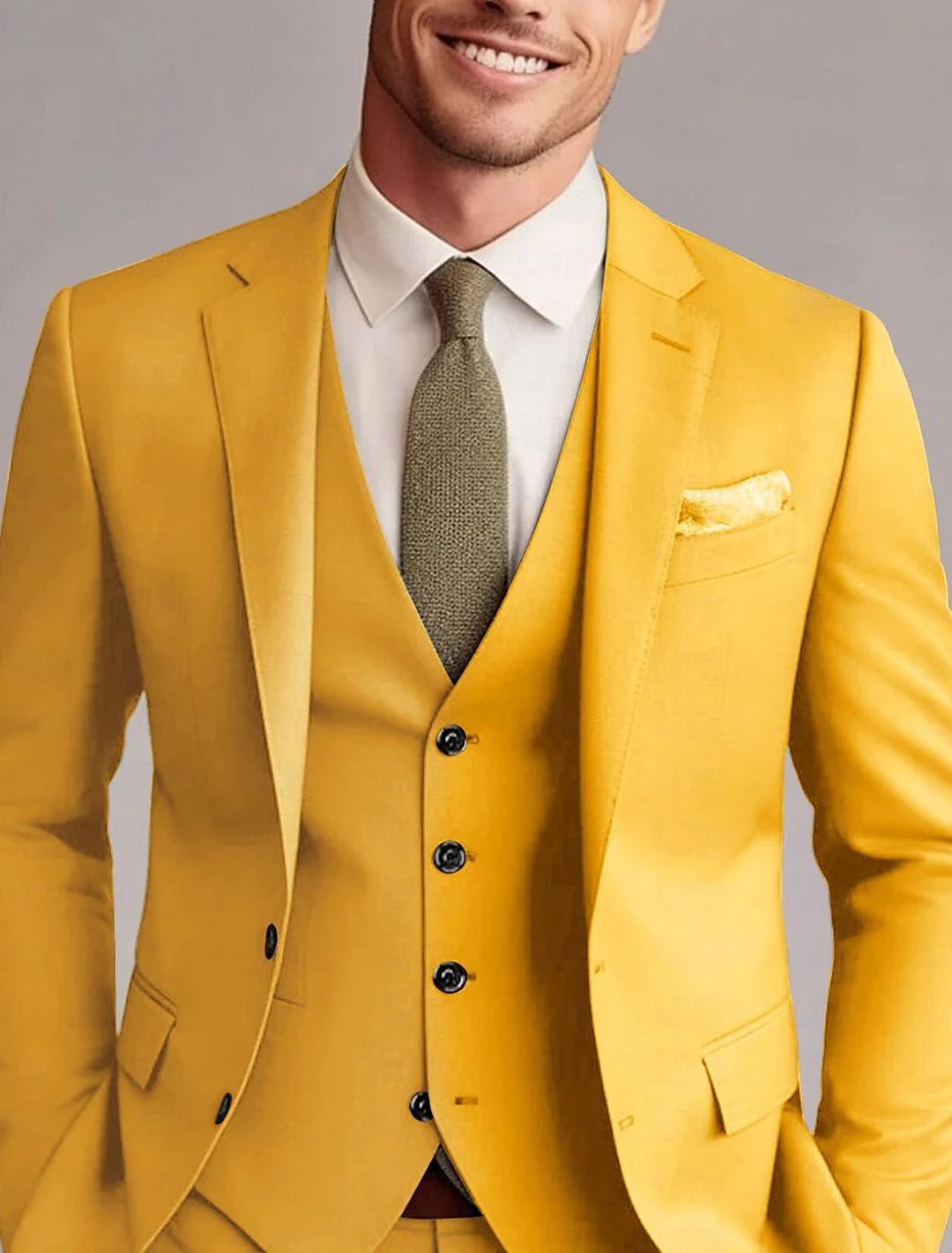 Green Red Blue Yellow Men's Tailored 3 Pieces Solid Colored Fit Single Breasted Two-buttons Wedding Suits Yellow