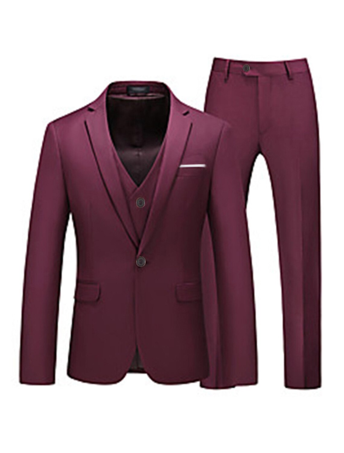 Pink Red Blue Yellow Men's Tailored Fit 3 Pieces Solid Colored Single Breasted One-button Party Suits Burgundy