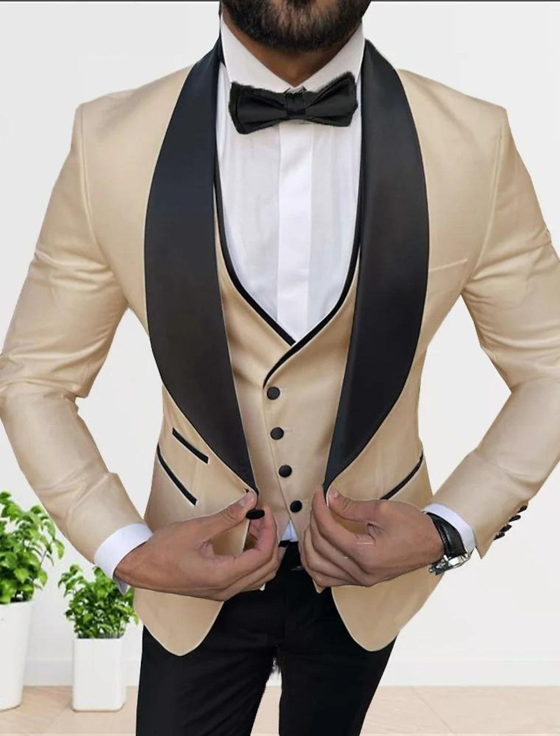 White Champagne Gray Men's Tailored Fit 3 Pieces Solid Colored Single Breasted One-button Party Suits Champagne
