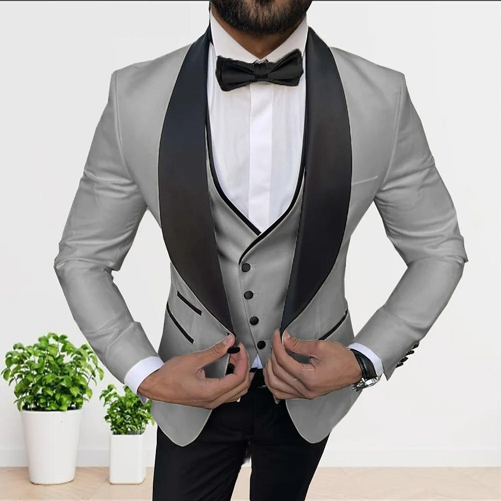 White Champagne Gray Men's Tailored Fit 3 Pieces Solid Colored Single Breasted One-button Party Suits Gray