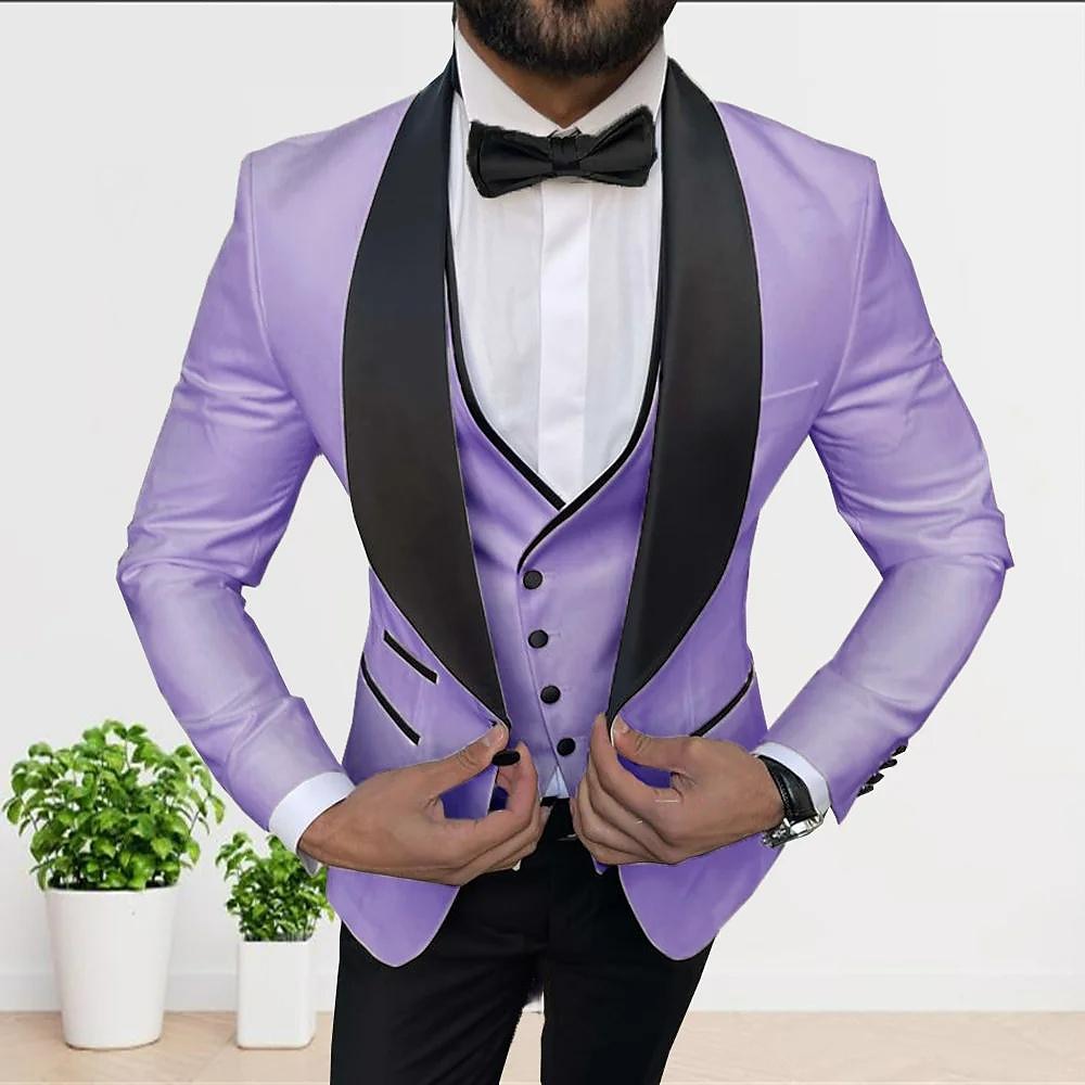 White Champagne Gray Men's Tailored Fit 3 Pieces Solid Colored Single Breasted One-button Party Suits Purple