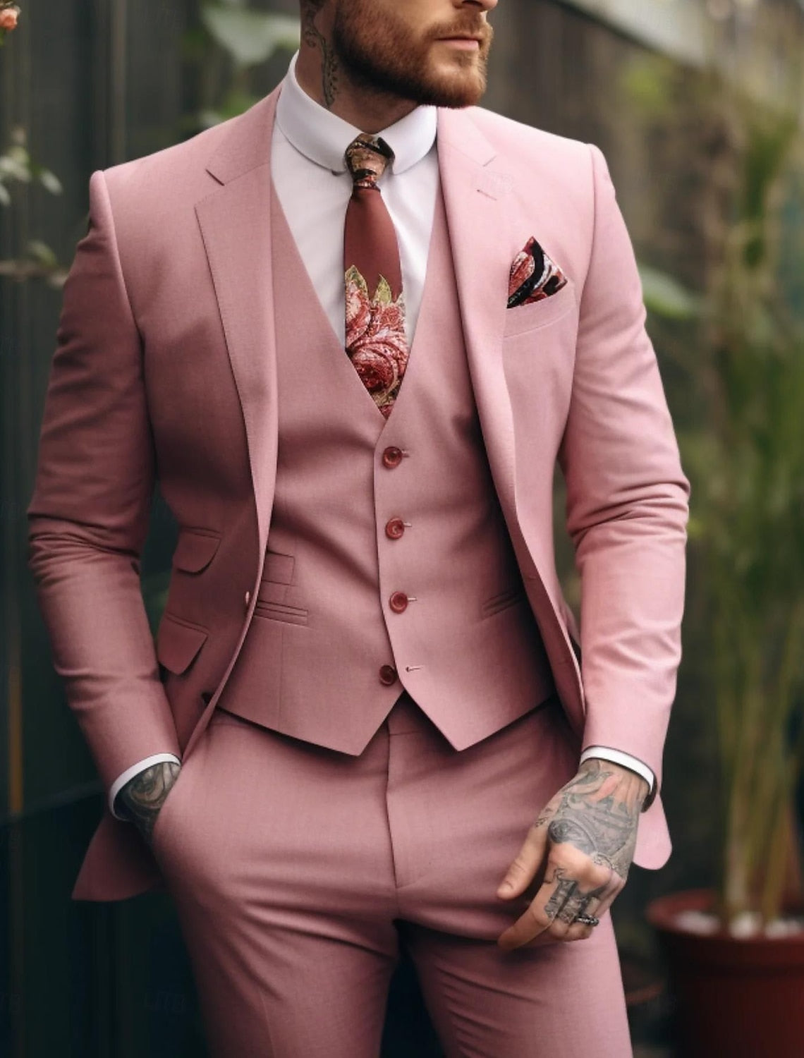Men's Tailored Fit Single Breasted One-button 3 Pieces Wedding Suits Pink