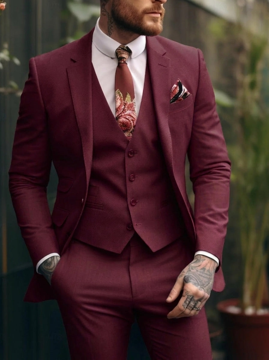 Men's Tailored Fit Single Breasted One-button 3 Pieces Wedding Suits Burgundy