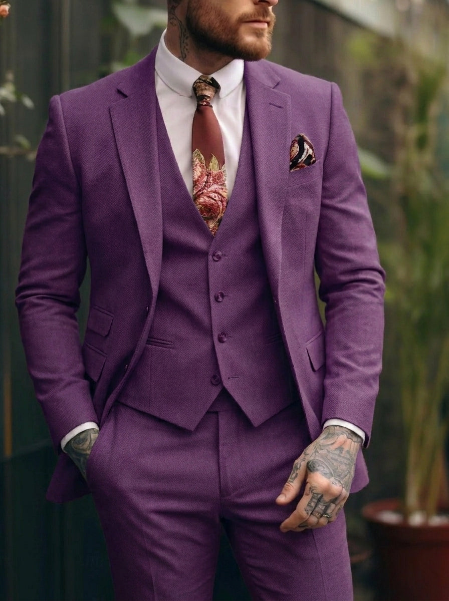 Men's Tailored Fit Single Breasted One-button 3 Pieces Wedding Suits Grape