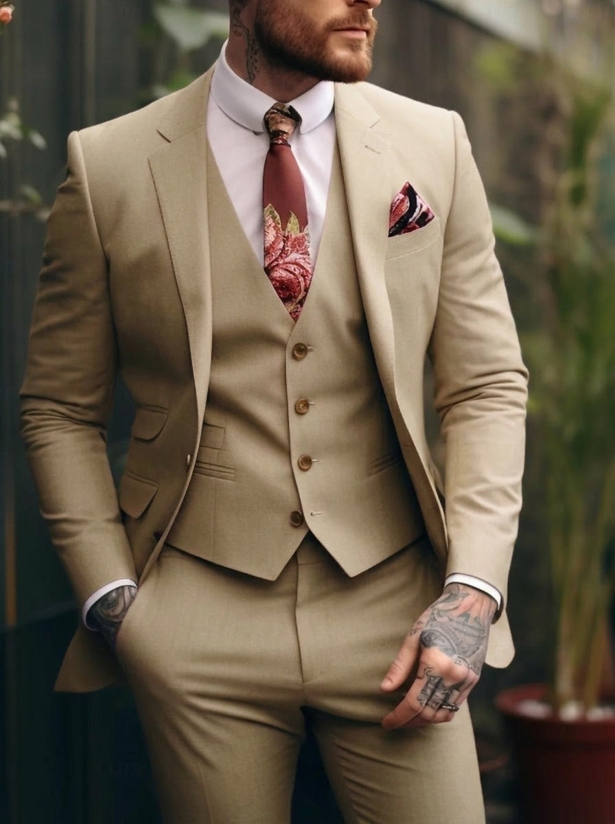 Men's Tailored Fit Single Breasted One-button 3 Pieces Wedding Suits Khaki