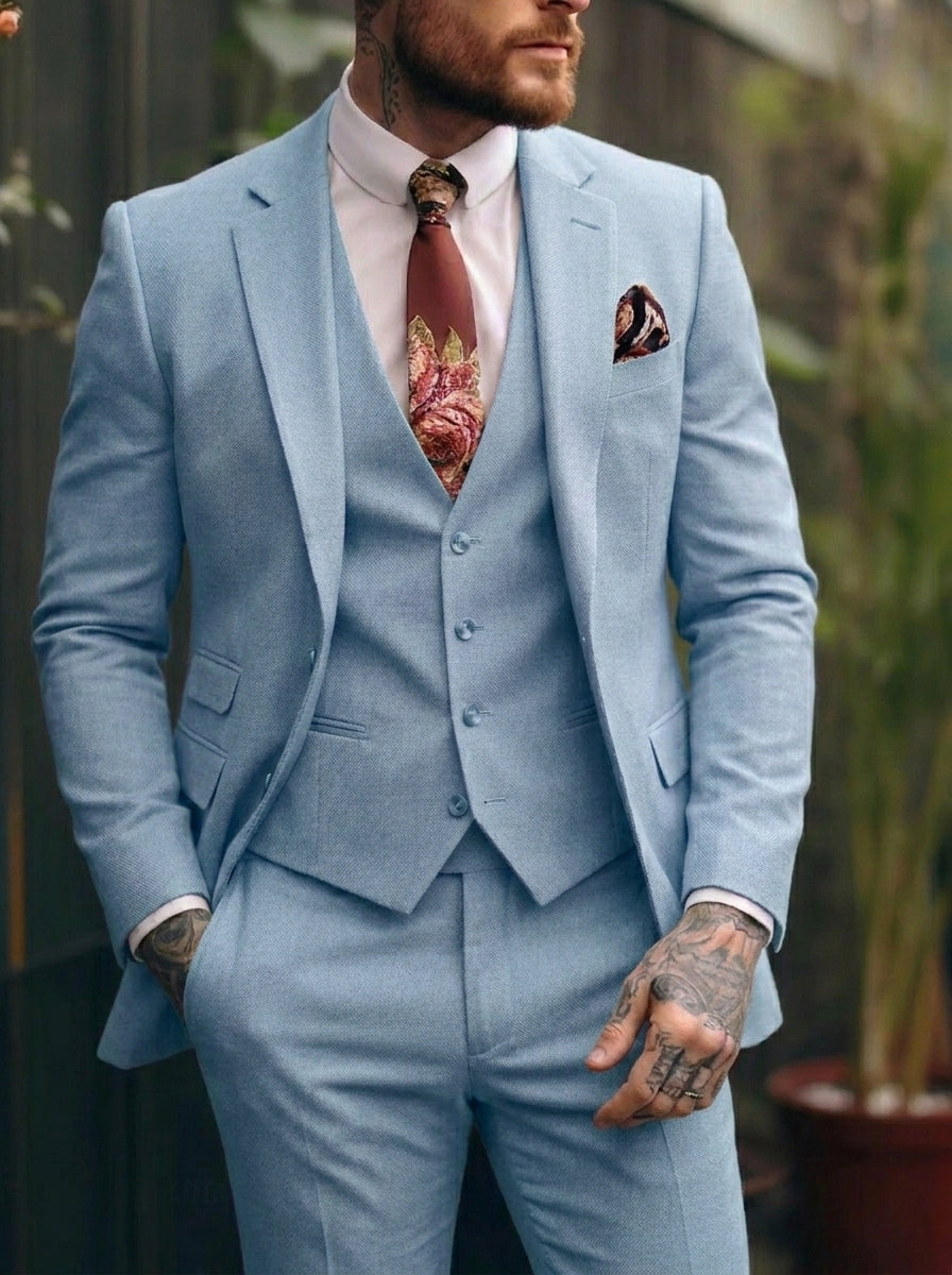 Men's Tailored Fit Single Breasted One-button 3 Pieces Wedding Suits Light Blue
