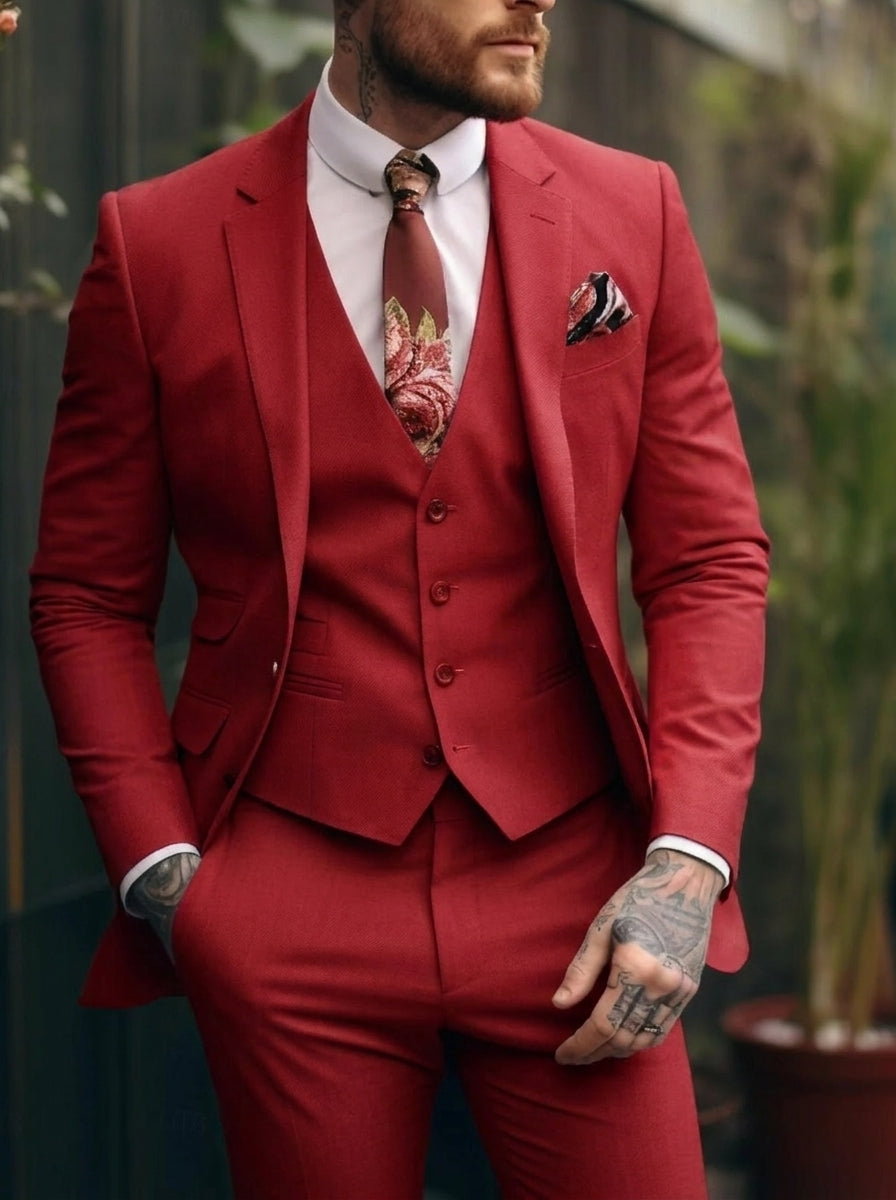 Men's Tailored Fit Single Breasted One-button 3 Pieces Wedding Suits Red
