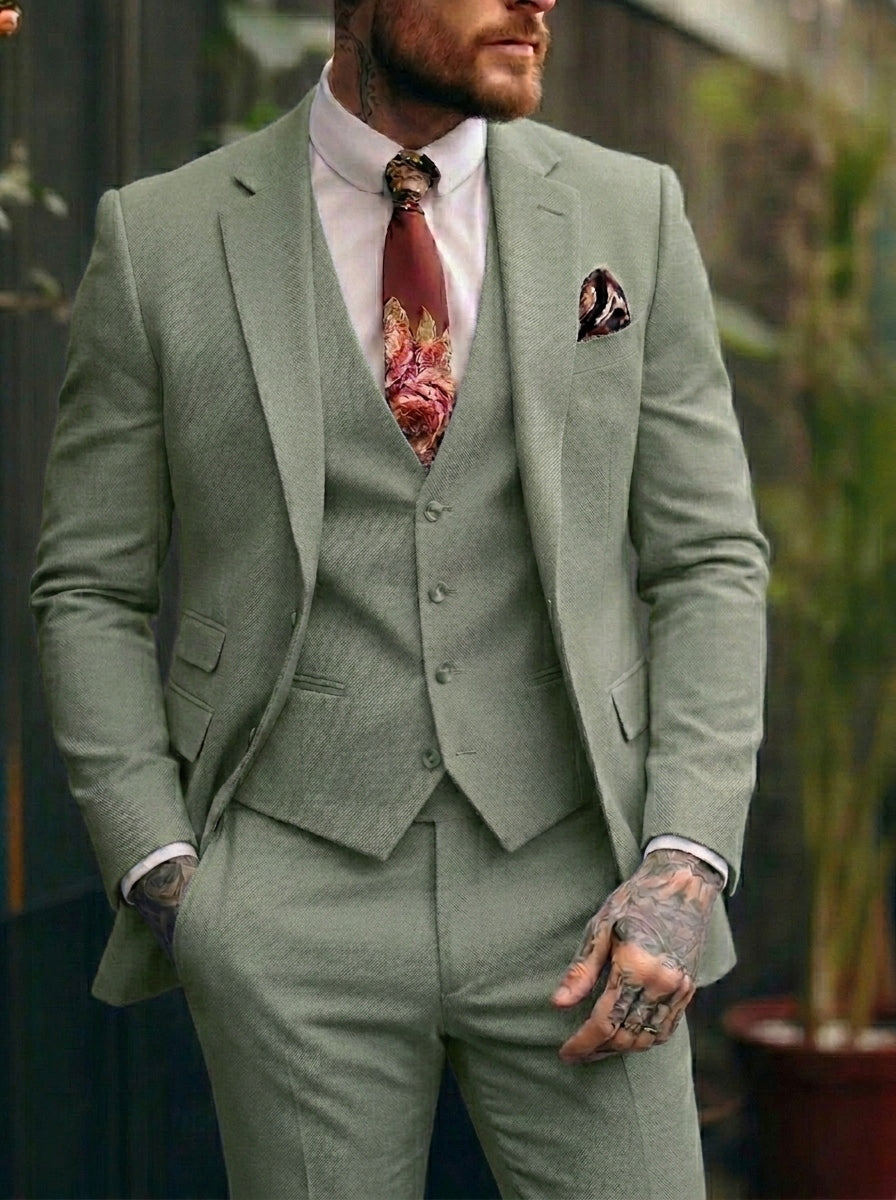 Men's Tailored Fit Single Breasted One-button 3 Pieces Wedding Suits Sage