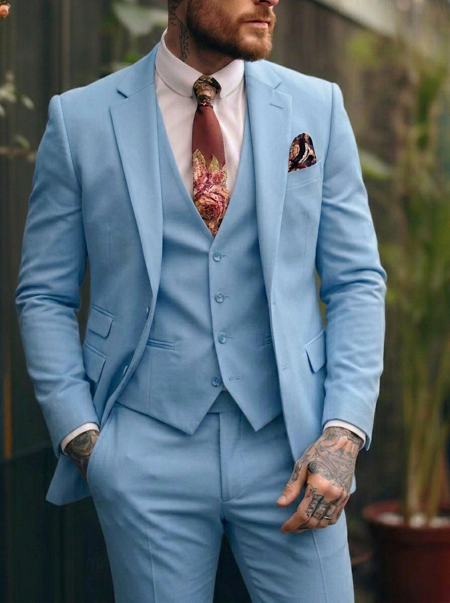 Men's Tailored Fit Single Breasted One-button 3 Pieces Wedding Suits Sky Blue