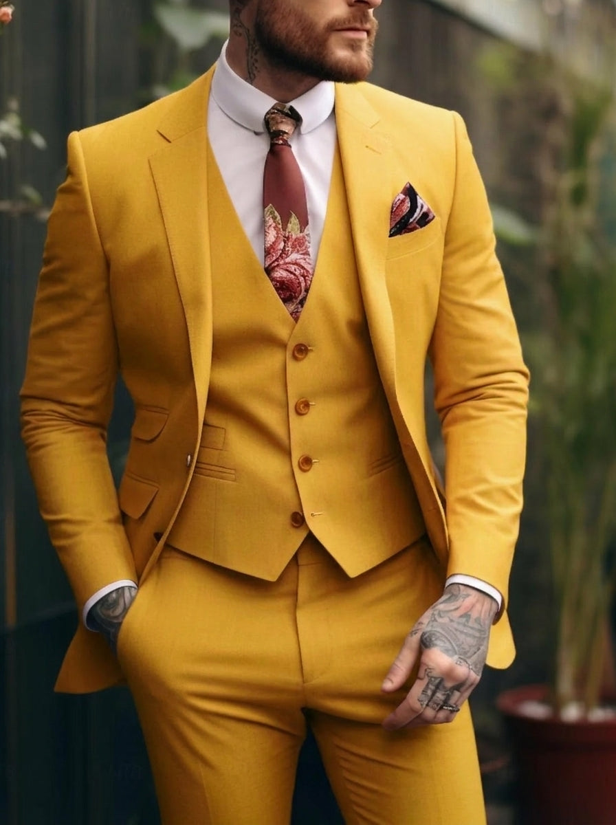 Men's Tailored Fit Single Breasted One-button 3 Pieces Wedding Suits Yellow