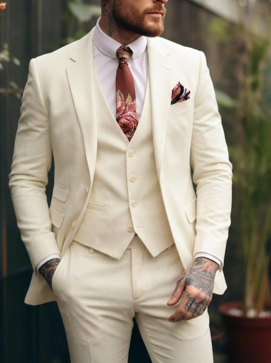 Men's Tailored Fit Single Breasted One-button 3 Pieces Wedding Suits Ivory