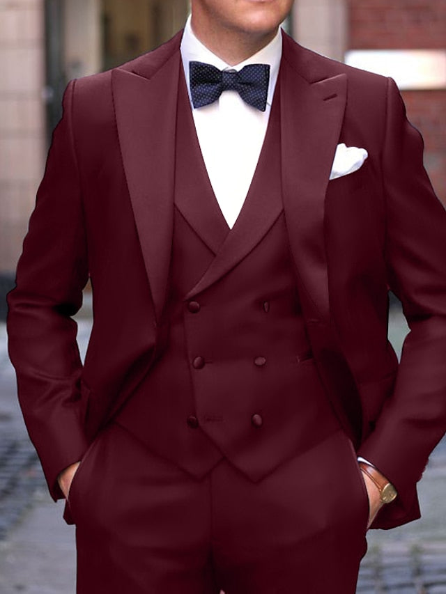 Men's Tailored Fit Single Breasted One-button 3 Pieces Wedding Suits Burgundy