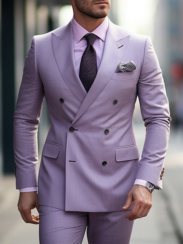 Men's Tailored Fit Double Breasted Six-buttons 2 Pieces Wedding Suits Purple
