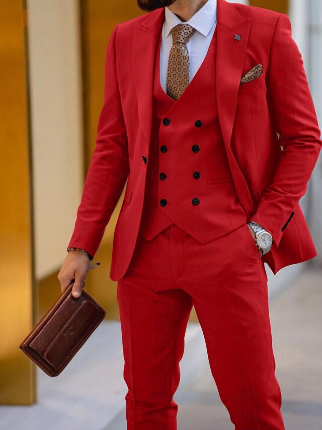Men's Tailored Fit Single Breasted One-button 3 Pieces Wedding Suits Red