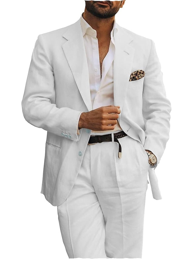 Men's Tailored Fit Single Breasted Two-buttons 2 Pieces Linen Suits White