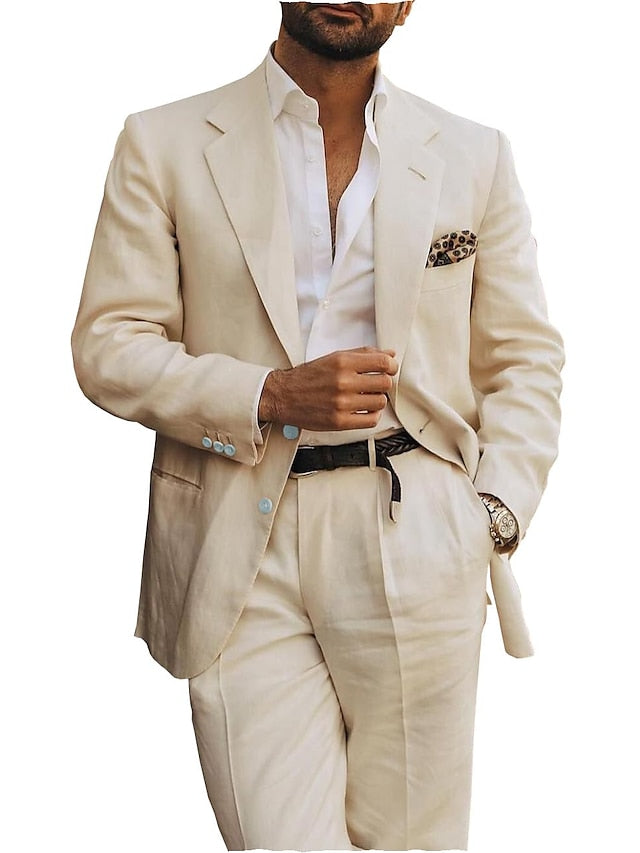 Men's Tailored Fit Single Breasted Two-buttons 2 Pieces Linen Suits Beige