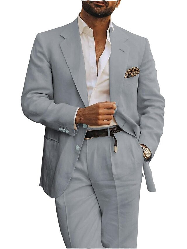 Men's Tailored Fit Single Breasted Two-buttons 2 Pieces Linen Suits Light Grey
