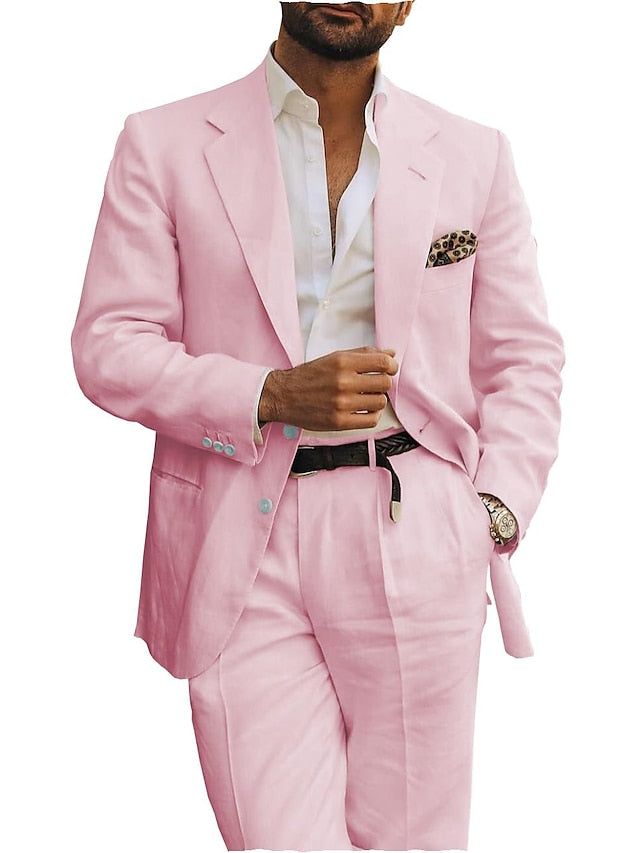 Men's Tailored Fit Single Breasted Two-buttons 2 Pieces Linen Suits Pink