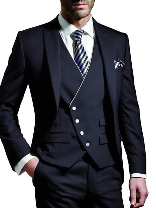 Men's Tailored Fit Single Breasted One-button 3 Pieces Wedding Suits Dark Blue
