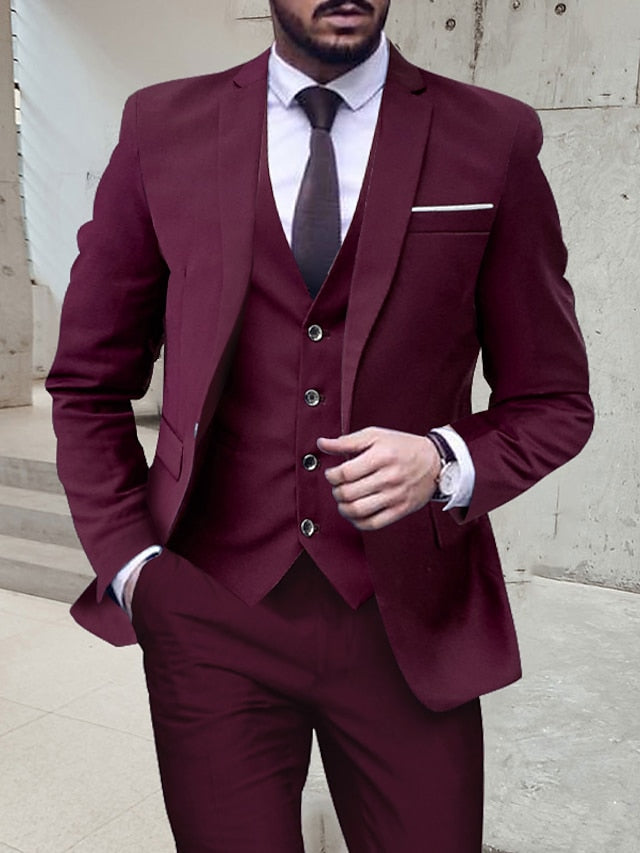 Men's Tailored Fit Single Breasted One-button 3 Pieces Wedding Suits Burgundy