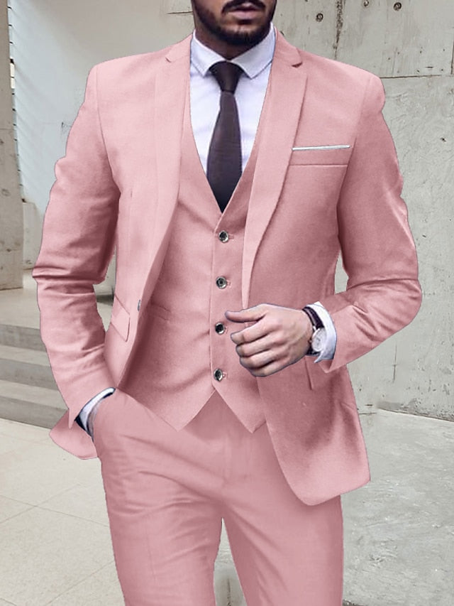 Men's Tailored Fit Single Breasted One-button 3 Pieces Wedding Suits Pink
