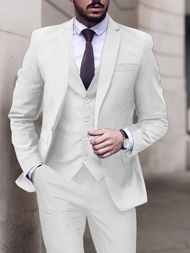 Men's Tailored Fit Single Breasted One-button 3 Pieces Wedding Suits White